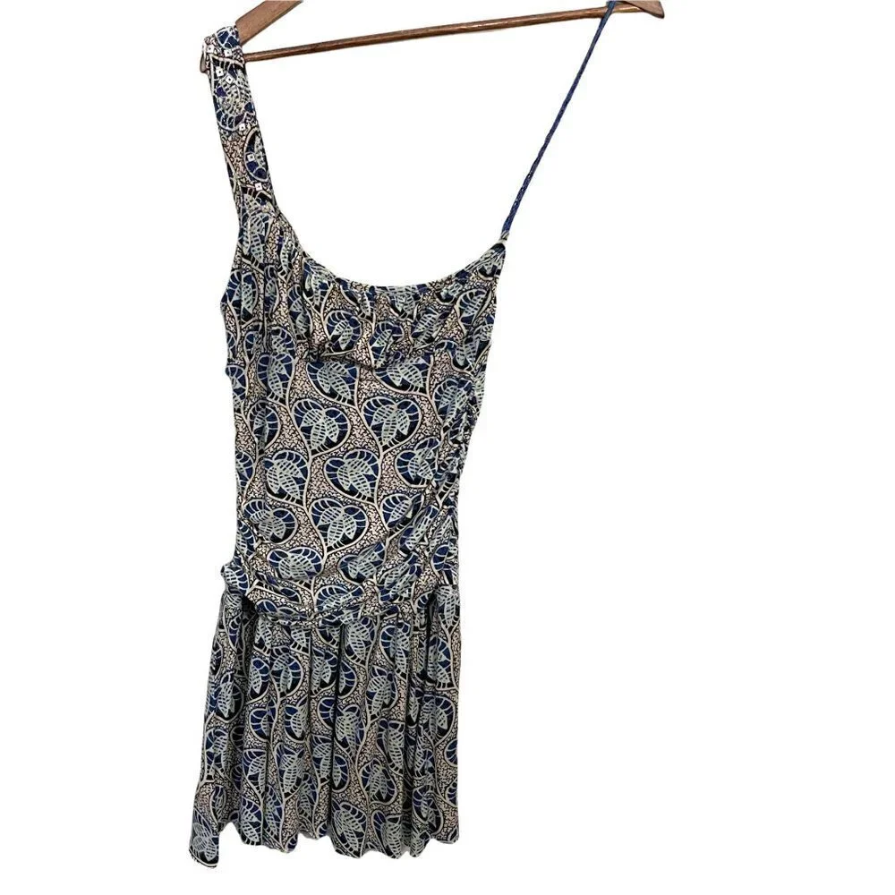 Free People Women's Blue Heart Leaf Print Ruched One Shoulder Mini Dress Large
